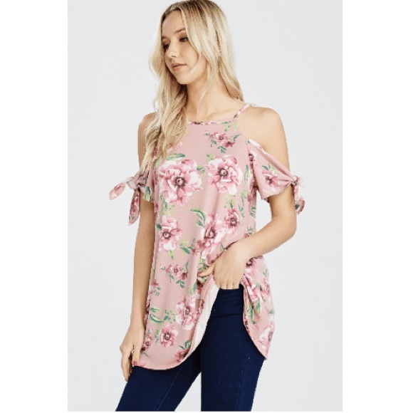 Cold Shoulder Floral Print Top Rose Design - Picture 2 of 5